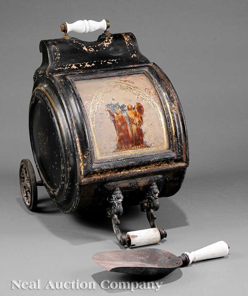Ebonized, Polychrome, Gilt Toleware Coal Hod: An Antique Ebonized, Polychrome and Parcel Gilt Toleware Coal Hod, c. 1850, probably Pontypool or Usk, of typical form, lid decorated with two angels within a gothic arch, height 22 in