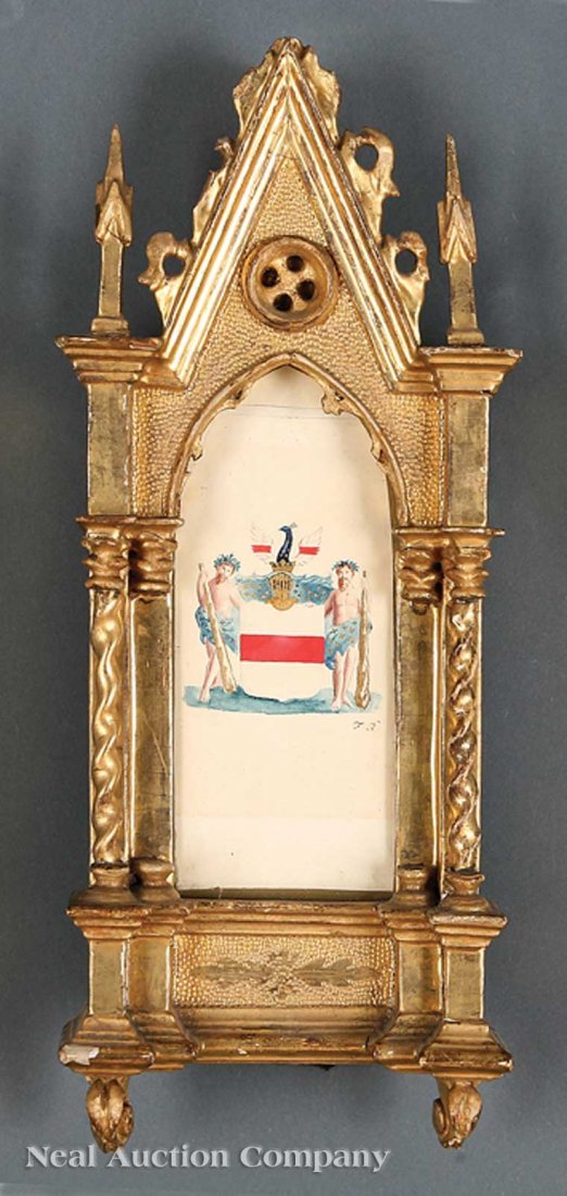 Two Gothic-Style Gilt Frames: Two Gothic-Style Gilt Frames, one enclosing a label of James Earle of Philadelphia, 15 in. x 5 1/2 in.; the other with a watercolor coat of arms, said to be of the Bethune Family, 13 1/2 in. x 5 1/2 i