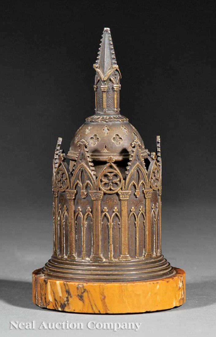 French Bronze and Marble Desk Stand: A French Bronze and Marble Desk Stand, 19th c., cast as a circular Gothic chapel with removable domed lid, on sienna marble base, height 5 1/2 in
