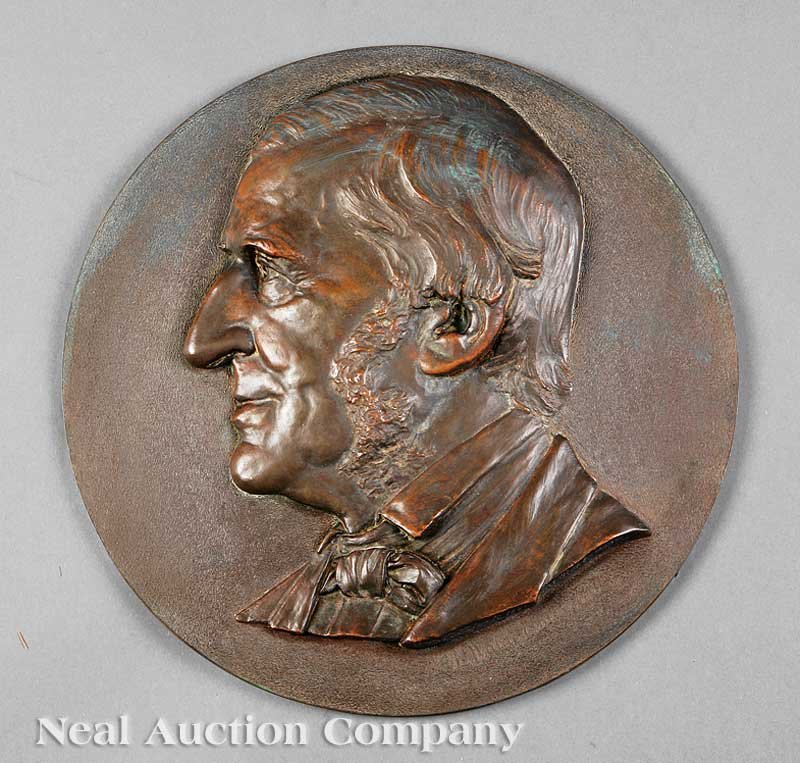 Carl Röhl-Smith (American/Washington, D.C., 1848): Carl Röhl-Smith (American/Washington, D.C., 1848-1900), "Ralph Waldo Emerson", 1886, bronze portrait medallion, signed and inscribed "New York 1886" on truncation, titled on field below, diameter 14 