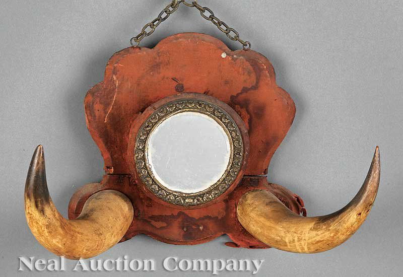 Two Vintage Horn-Mounted Mirrors: Two Vintage Horn-Mounted Mirrors, heights 10 in