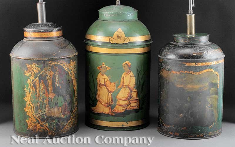 Three English Tole Peinte Canisters: Three English Tole Peinte Canisters, 19th c., green ground, the reserves painted with genre scenes, largest height 19 1/2 in., diameter 11 1/2 in., now mounted as lamps