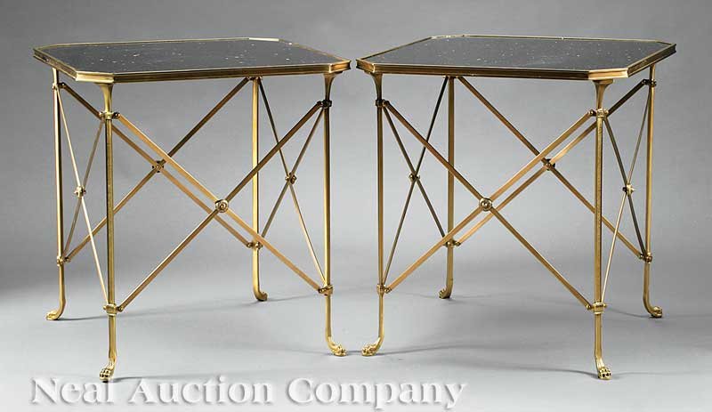 Pair of Neoclassical-Style Bronze Tables: A Pair of Neoclassical-Style Bronze Tables, with gold flecked granite tops, X-form bases, four tapering legs ending in paw feet, height 26 1/2 in., width 24 in., depth 24 in