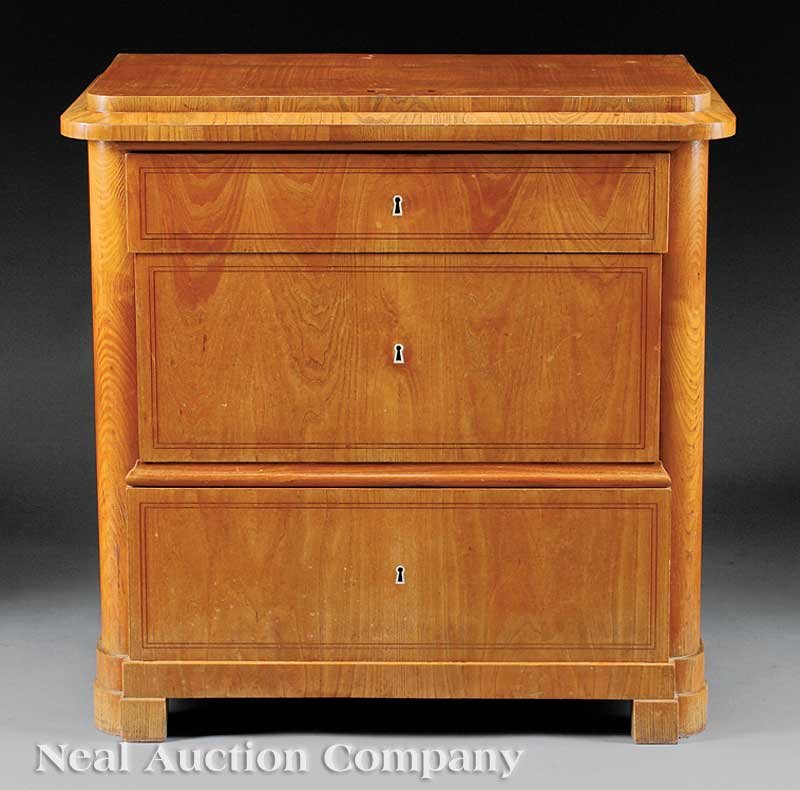 Biedermeier Walnut Commode: A Biedermeier Walnut Commode, mid-19th c., stepped top, rounded corners, three drawers, height 32 1/2 in., width 33 1/2 in., depth 19 in