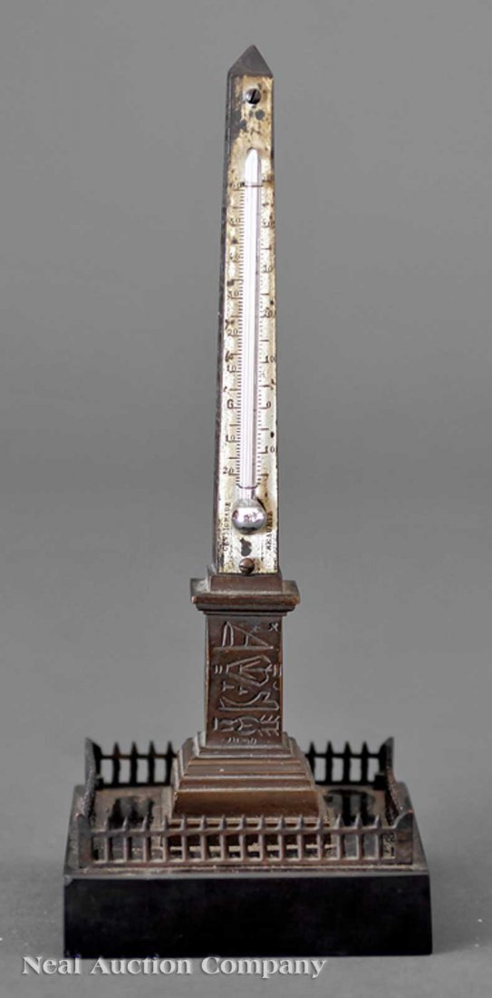 French Grand Tour Bronze Obelisk-Form Thermometer: A French Grand Tour Bronze Obelisk-Form Thermometer, late 19th c., on galleried black marble base, height 8 in