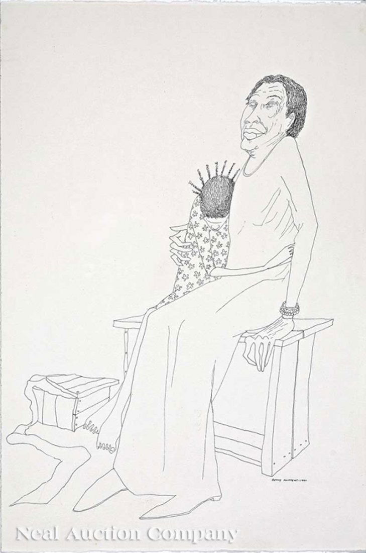Benny Andrews (American/Georgia, 1930-2006): Benny Andrews (American/Georgia, 1930-2006) "Mother and Child", 1997, pen and ink drawing, signed and dated lower right, 22 in. x 15 in., framed