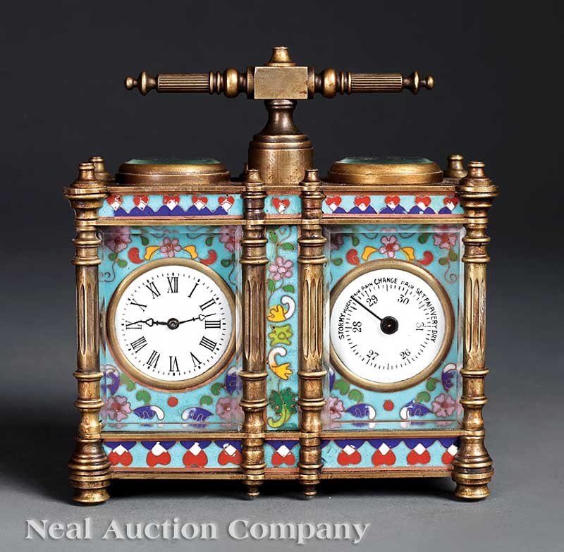 Bronze and Champleve Clock & Barometer Compendium: A Bronze and Champleve Clock and Barometer Compendium, 20th c., rectangular form, porcelain dials showing time and air pressure, with beveled top viewing windows, height 5 1/2 in., width 5 1/2 in., de