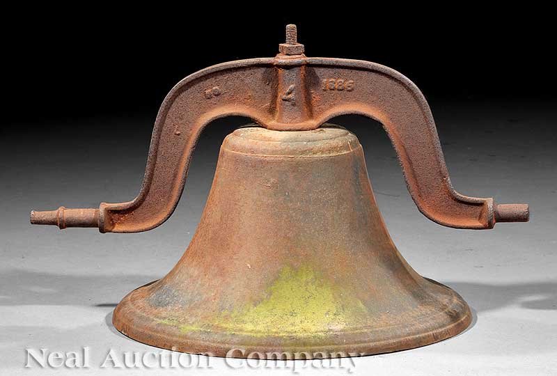 American Cast Iron Bell, The C.S. Bell Co.: An Antique American Cast Iron Bell, 19th c., yoke marked "The C.S. Bell Co., Hillsborough, 1886", diameter 19 in. Note: Condition Provenance: Greenwood Plantation, Pinkneyville, Mississippi