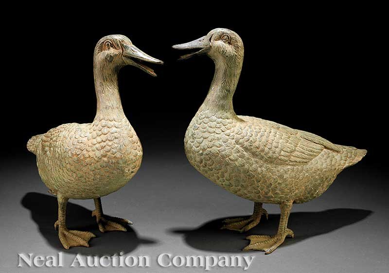 Pair of Patinated Bronze Fountain Ducks: A Pair of Patinated Bronze Fountain Ducks, naturalistically modeled figures designed to spout water, height 15 1/2 in., length 17 in