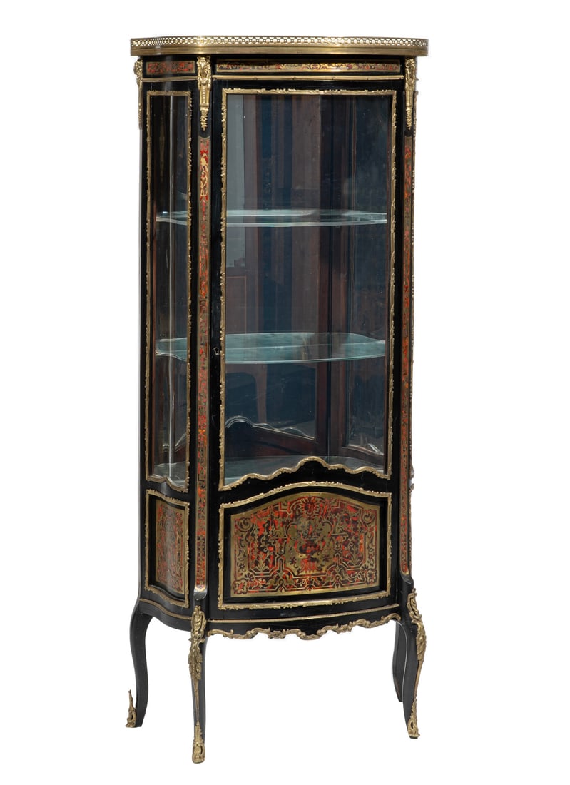 Louis XVI-Style Inlaid and Brass Ebonized Vitrine: Louis XVI-Style Inlaid and Brass Ebonized Vitrine, early 20th c., galleried inset marble top, inlaid frieze, bronze molded glazed door flanked by glazed windows, cabriole legs, h. 63 in., w. 27 1/2 in