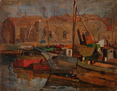 Attributed to Elie Anatole Pavil (Russian/French): Attributed to Elie Anatole Pavil (Russian/French, 1873-1948), "Ships in the Harbor", oil on board, signed lower right, 11 3/4 in. x 15 in., unframed. Condition: Overall fair to poor condition.