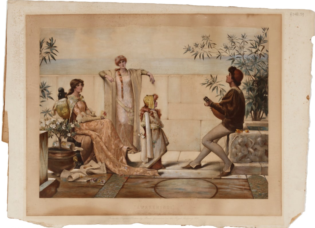Group of Three Color Lithographs, 19th c: Group of Three Color Lithographs, 19th c., "The Cares of a Family", published by Currier, "Awakening", after Maude Goodman and "Pierre le Grand Sauve par sa Mere", after Charles de Steuben, sheets 22 