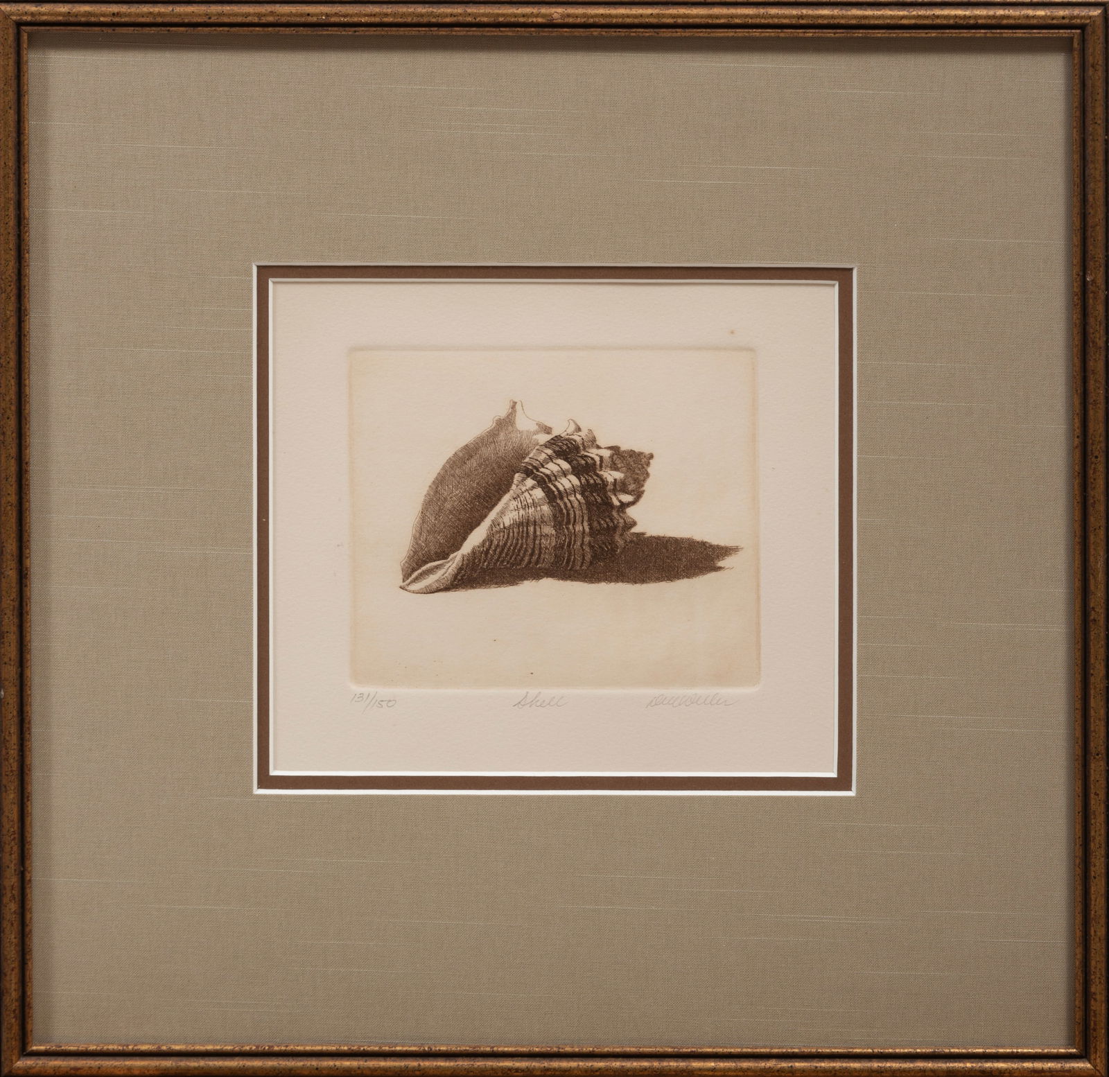Dell Weller (American/Louisiana, 1927-2017): Dell Weller (American/Louisiana, 1927-2017), "Shell", etching on paper mounted to board, pencil-signed, titled and numbered "131/150" lower margin, 4 3/4 in. x 5 3/4 in., framed, overall 15 1/2 in. x
