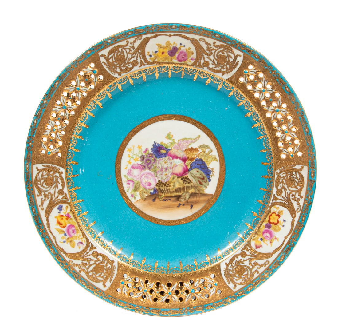 Twelve Sevres-Style Reticulated Porcelain Plates: Set of Twelve Sevres-Style Reticulated Porcelain Plates, 20th c., raised gilt borders, bleu ciel wells, reserves painted with floral bouquets and sprays, dia. 9 3/4 in.