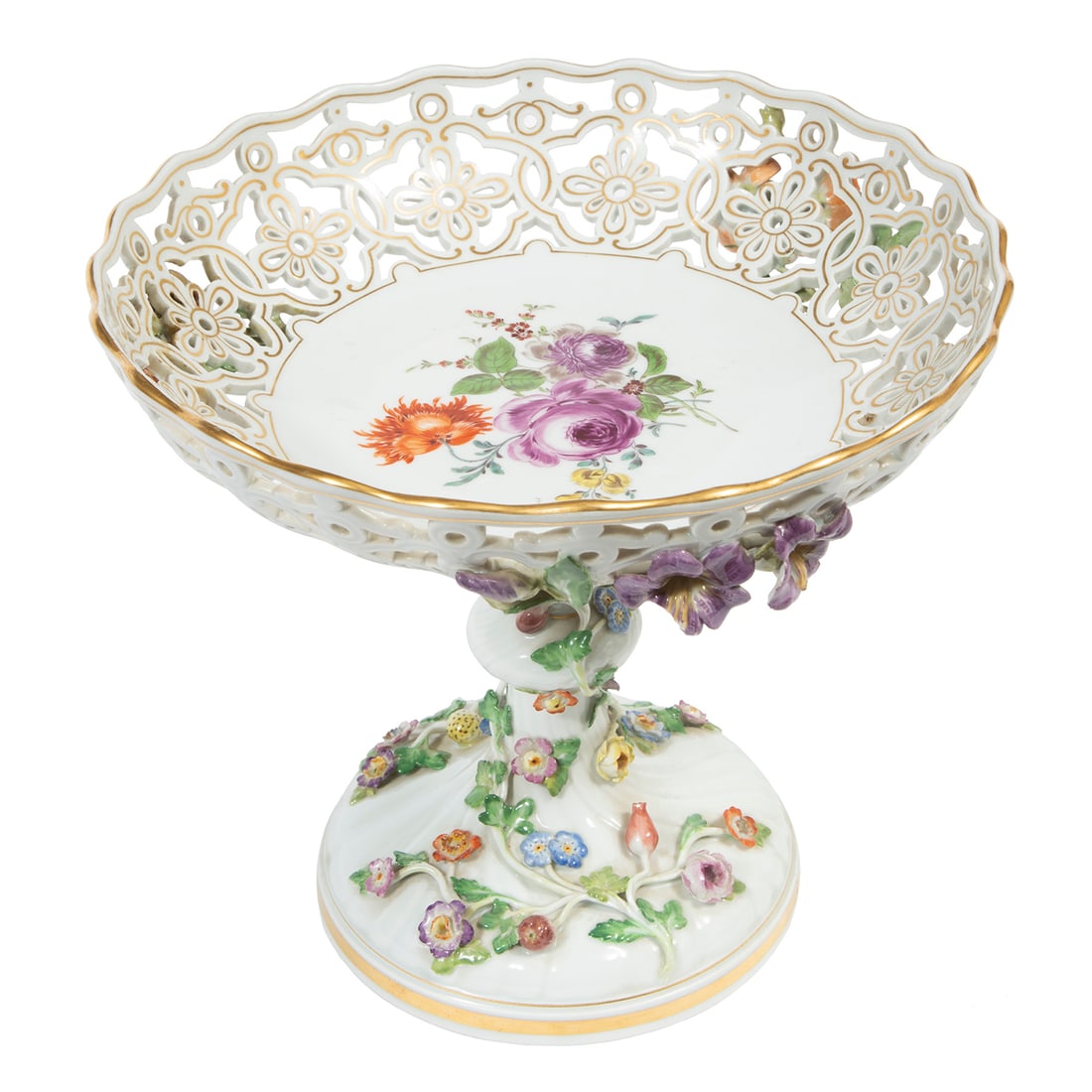 Meissen Polychrome and Gilt Porcelain Tazza: Meissen Polychrome and Gilt Porcelain Tazza, blue crossed swords mark, openwork rim with flowers, h. 8 1/2 in., dia. 9 1/2 in.