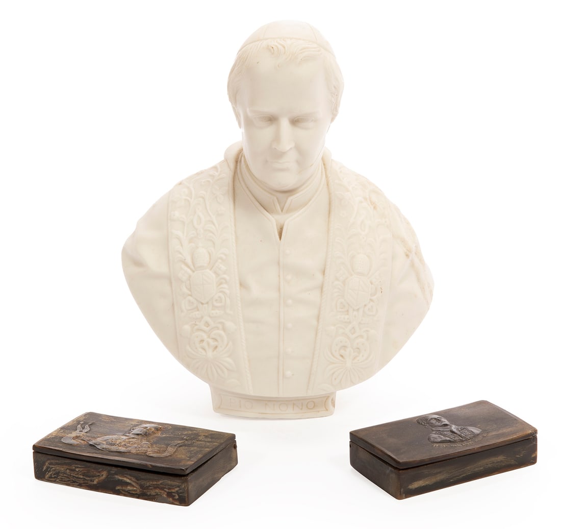 [Pope Pius IX Grouping]: [Pope Pius IX Grouping], incl. a Parian bust, dated 1869; a small oval engraving, autographed and dated verso, September 24, 1854, h. 7 in., w. 6 in., d. 3 1/2 in.; and two bone snuff boxes commemorat