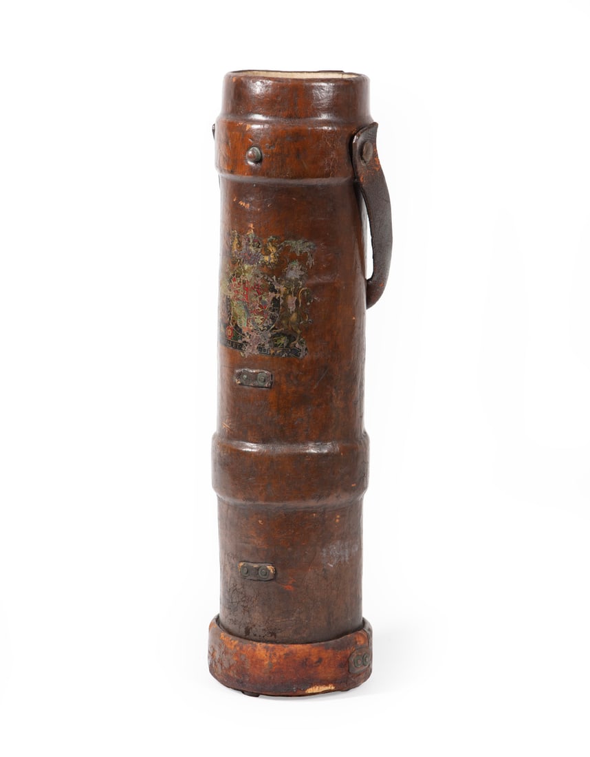 Antique English Leather Shot Bucket: Antique English Leather Shot Bucket, remnants of decal, bail handle, h. 28 in., dia. 7 in. Provenance: The Estate of Caroline P. Ireland.