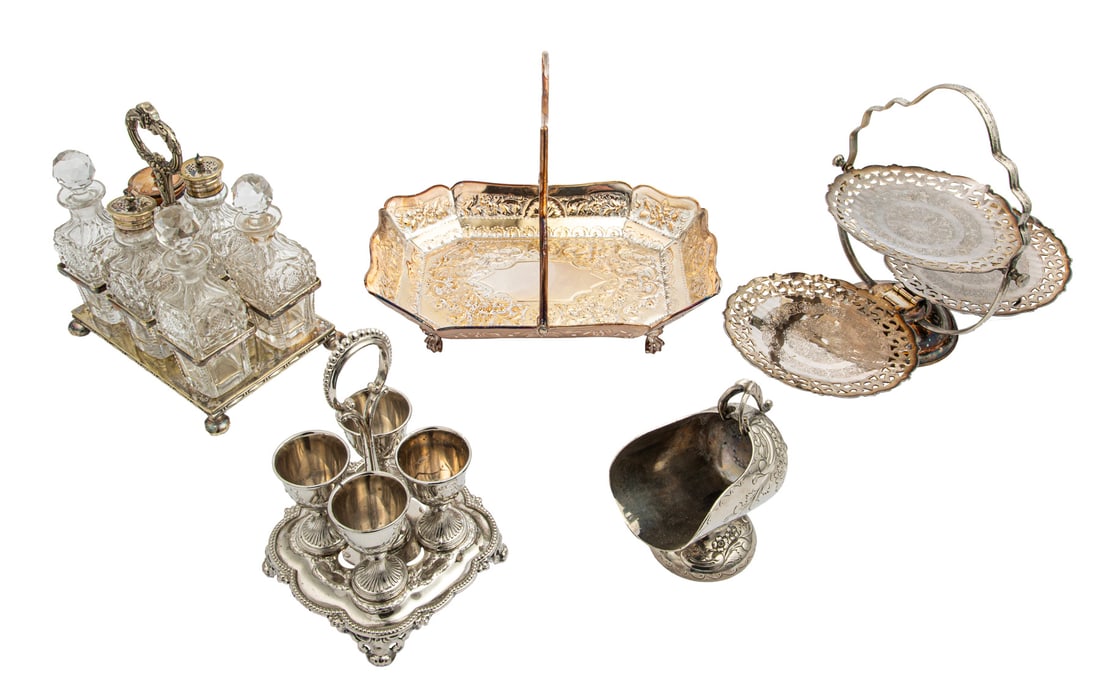 Group of English Silverplate Table Wares: Group of Antique and Vintage English Silverplate Table Wares, incl. cruet stand fitted with pressed glass and silverplate-mounted bottles, h. 9 in., w. 8 in.; egg cruet fitted with 4 egg cups, h. 8 1/