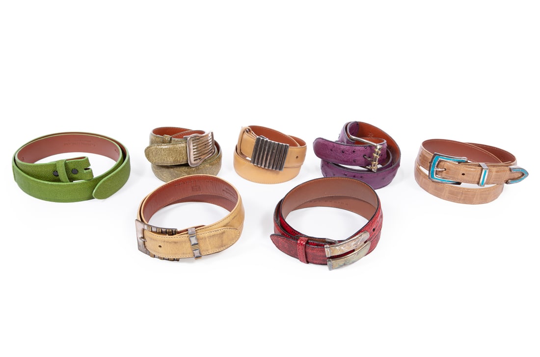 Six Pat Areias Leather and Sterling Silver Belts: Six Pat Areias Leather and Sterling Silver Belts, all marked and labeled, incl. turquoise and sterling silver buckle and tip on beige ostrich strap, size 30; silver buckle on purple ostrich strap, siz