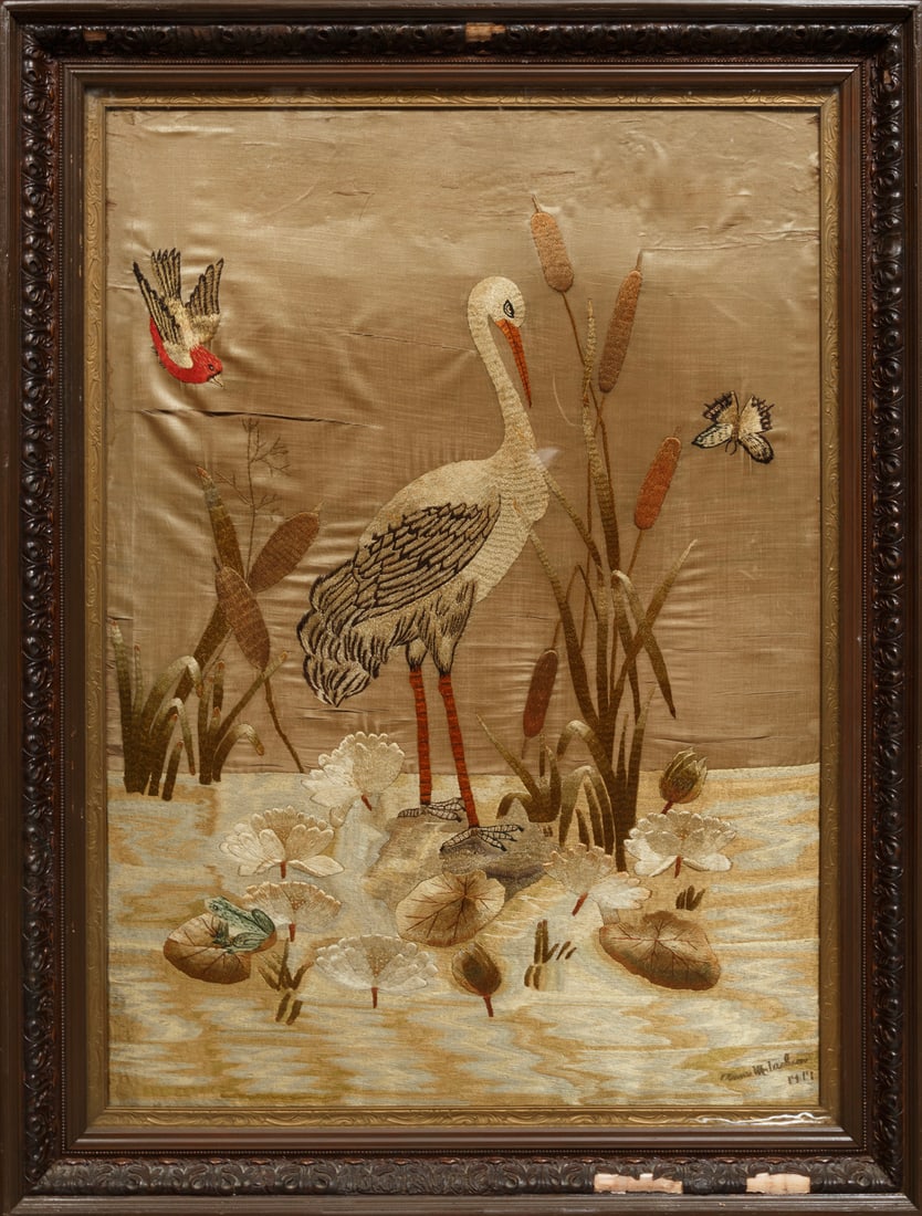 Embroidery of a Crane on the Bayou: Embroidery of a Crane on the Bayou, c. 1917, signed and dated lower right, sight 31 in. x 22 in.; framed, h. 37 1/2 in., w. 28 1/2 in. Provenance: Estate of Huson Hill, Mansfield, LA and Mary Amy