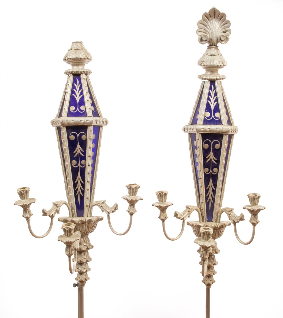 Pair of Silvered Carved Wood and Glass Sconces: Pair of Silvered Carved Wood and Glass Three-Light Sconces, one lacking top element, taller h. 35 in., w. 12 in., d. 8 1/2 in. Provenance: The Estate of Caroline P. Ireland.