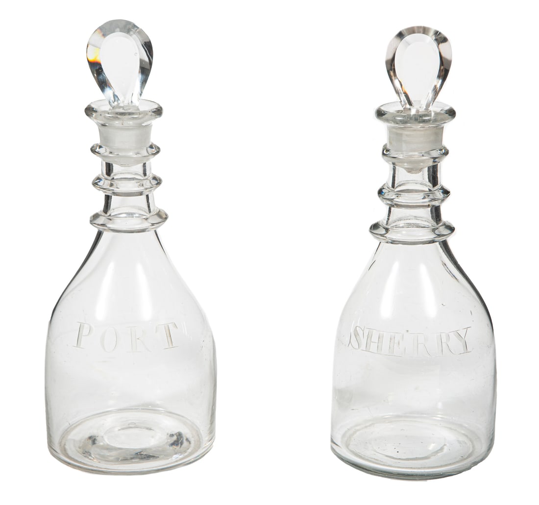 Pair of English Glass Decanters: Pair of English Glass Decanters, handblown, engraved "Port" and "Sherry", h. 8 3/4 in. Provenance: The Estate of Caroline P. Ireland.