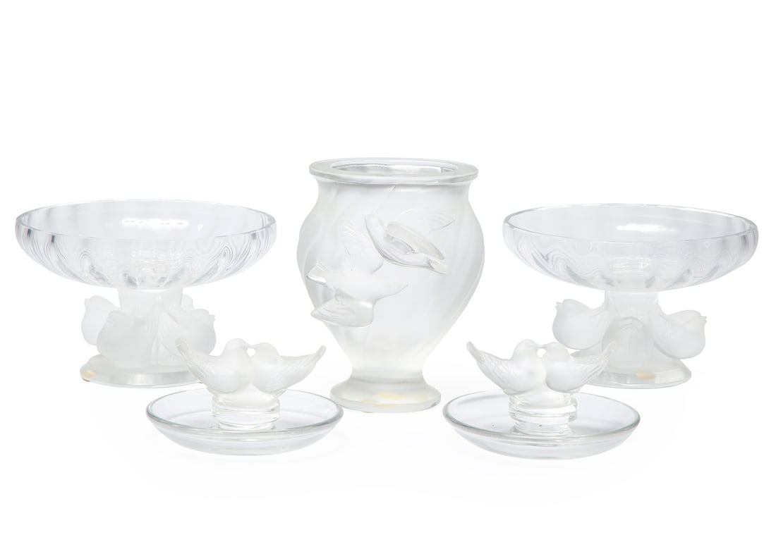 Five Lalique Glass Table Items: Five Lalique Glass Table Items, incl. 2 tazzas, 2 ring holders, and vase, vase h. 5 in.