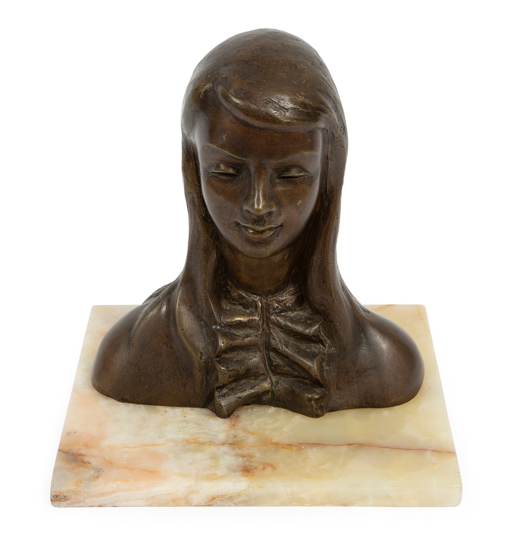 Victor Salmones (Mexican, 1937-1989): Victor Salmones (Mexican, 1937-1989), "Bust of a Woman", bronze, signed and numbered "6/10" on reverse, h. 9 1/2 in., w. 9 in., d. 4 1/4 in., marble base, overall h. 10 in. Condition: Overall good con