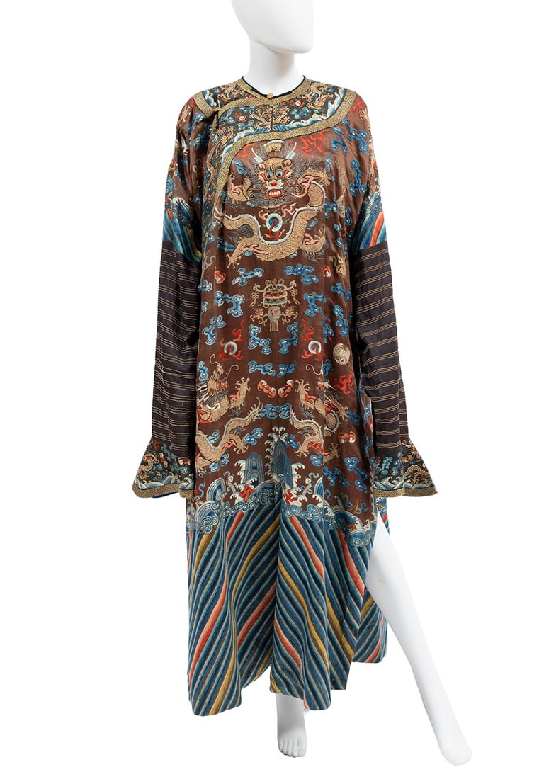 Chinese Embroidered Brown Silk Dragon Robe, Jifu (1 of 3)