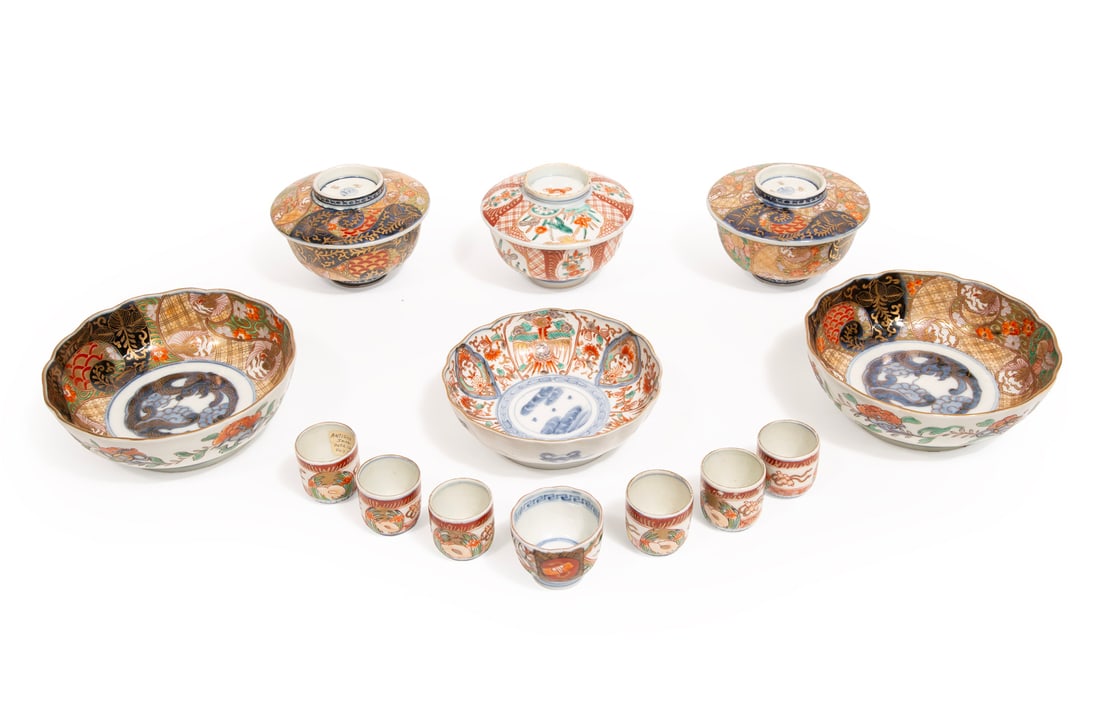 Collection of Japanese Imari Porcelain: Collection of Japanese Imari Porcelain, Meiji Period (1868-1912), variously decorated, incl. 3 foliate rim bowls (pair and single), dia. 6 7/8 in. and 6 in.; 3 covered bowls (pair and single), h. 3 1/