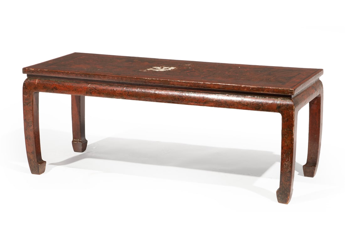 Chinese Polychrome Decorated Red Lacquer Table (1 of 3)