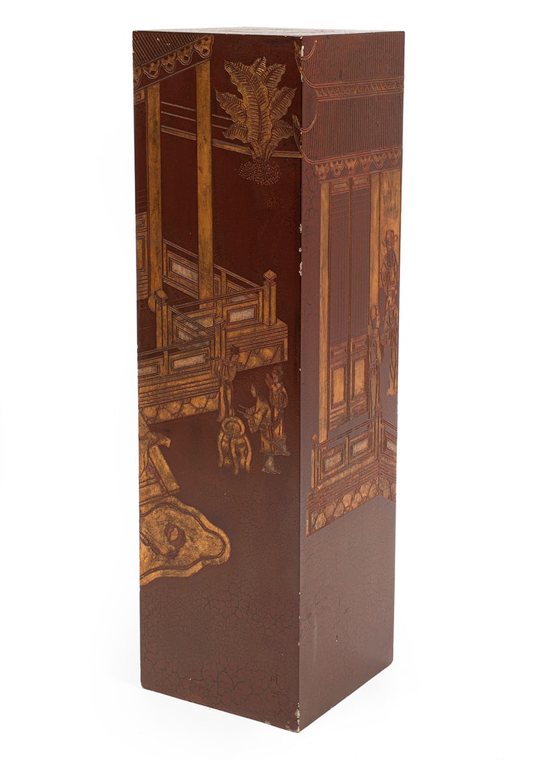 Chinese Red Lacquer Coromandel-Style Pedestal (1 of 2)