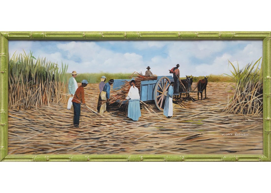 W. Earl Robinson (American/Mississippi, b. 1950): W. Earl Robinson (American/Mississippi, b. 1950), "Sugar Cane Harvest", oil on canvas, signed lower right, 14 in. x 30 1/2 in., framed, overall 15 3/8 in. x 32 in. x 1 1/2 in.