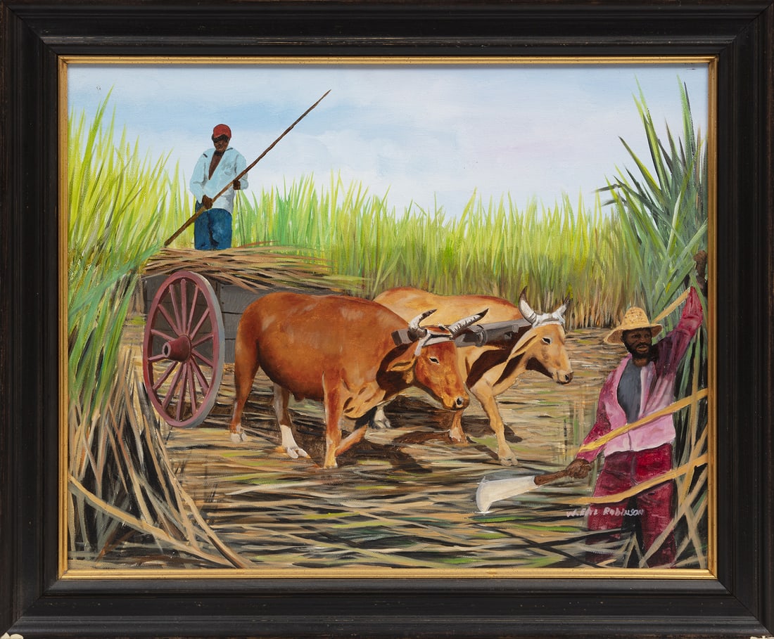 W. Earl Robinson (American/Mississippi, b. 1950): W. Earl Robinson (American/Mississippi, b. 1950), "Hauling Sugar Cane", oil on canvas, signed lower right, 16 in. x 20 in., framed, overall 18 3/4 in. x 22 3/4 in. x 1 1/2 in.