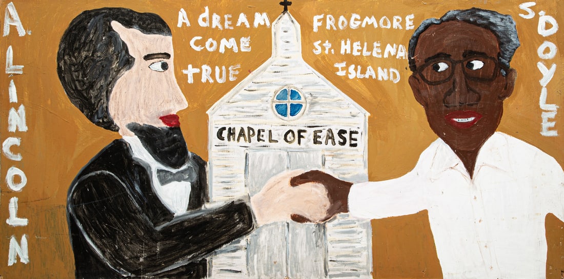 Sainte James Boudrot (American/Louisiana, 1948-2024): Sainte James Boudrot (American/Louisiana, 1948-2024), “Abraham Lincoln and Sam Doyle at the Chapel of Ease”, oil on panel, unsigned, 23 7/8 in. x 48 in., unframed. Provenance: Collection of Ch