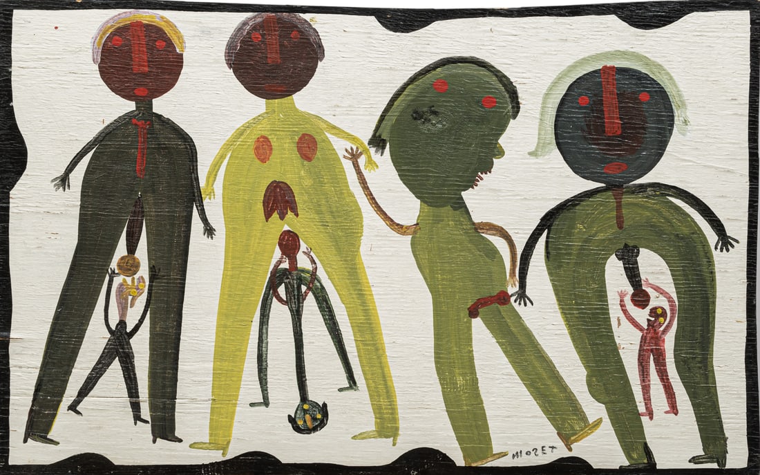 Mose Tolliver (American/Alabama, 1920-2006): Mose Tolliver (American/Alabama, 1920-2006), "Erotic Scene", paint on board, signed lower right, 22 1/4 in. x 35 5/8 in., unframed. Provenance: Gasperi Gallery, New Orleans, LA.