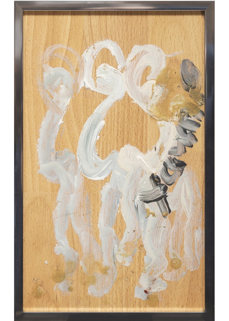 Purvis Young (American/Florida, 1943-2010): Purvis Young (American/Florida, 1943-2010), "Angels", paint on panel, signed mid-right, 12 1/2 in. x 7 3/4 in., framed, overall 12 3/4 in. x 8 in. x 1 in.; accompanied by a copy of a certificate of au