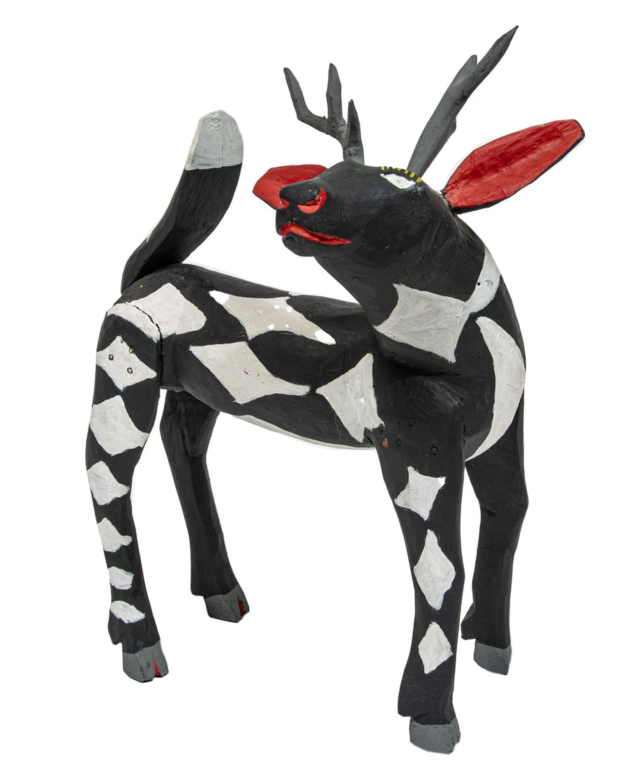 Mexican Folk Art School, 20th c.: Mexican Folk Art School, 20th c., "Deer", wood, nails and paint, unsigned, stamped "Mexico" on underside, h. 15 in., w. 12 in., d. 8 in. Provenance: Michael W. Murphy, El Dorado, AR.