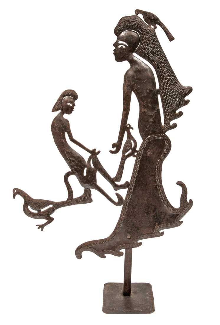 Serge Jolimeau (Haitian, b. 1952): Serge Jolimeau (Haitian, b. 1952), "Loa with Birds and Figure", cut metal from steel drum, signed center, h. 31 1/2 in., w. 19 in., d. 6 3/4 in.