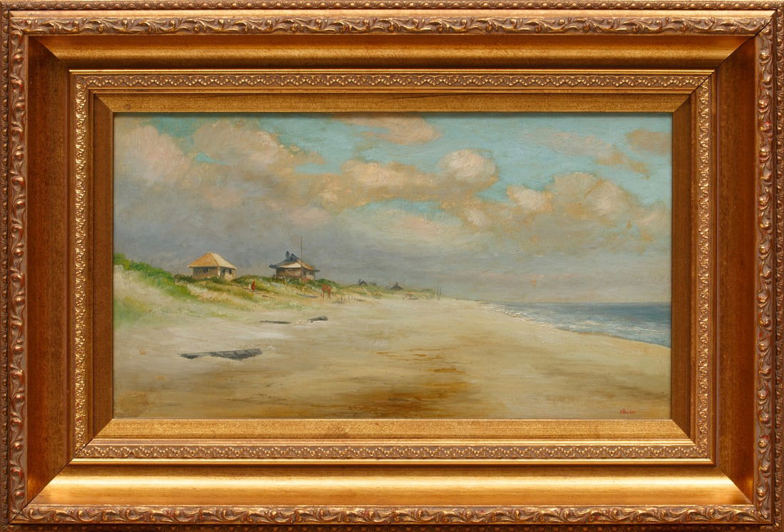 Norton Bush (American, 1834-1894): Norton Bush (American, 1834-1894), "Chinese Pavilions on Beach, San Francisco", 1893, oil on canvas, signed lower right, signed, titled, dated and inscribed "San Francisco Art Association" en verso, 9
