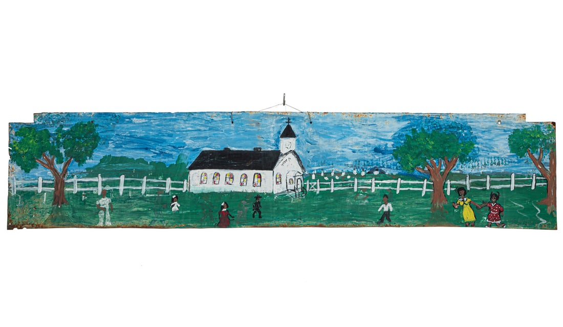 Charles Gillam, Sr. (American/Louisiana, b. 1945): Charles Gillam, Sr. (American/Louisiana, b. 1945), "Church", oil on panel, signed lower right, 14 in. x 66 5/8 in., unframed. Provenance: Collection of Charles and Susan Gillam, New Orleans, LA.