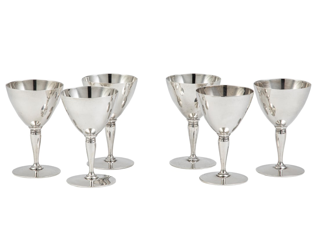 Tiffany & Co. Makers Sterling Cocktail Coupes: Six Tiffany & Co. Makers Sterling Silver Cocktail Coupes, 1907-1947, pattern introduced 1915, h. 4 1/8 in., total wt. 22.65 troy ozs., no monograms.