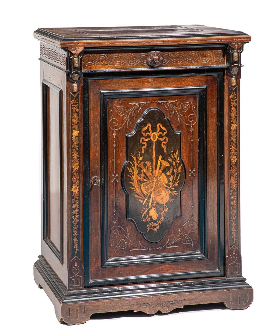 Marquetry and Parcel Gilt Rosewood Parlor Cabinet: American Victorian Marquetry and Parcel Gilt Rosewood Parlor Cabinet, 19th c., New York, molded leather inset top, frieze drawer, molded inlaid trophy paneled door, h. 37 in., w. 26 in., d. 17 1/2 in.