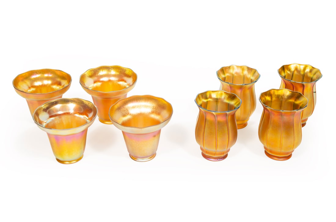 Eight American Favrile Glass Shades: Eight American Favrile Glass Shades, incl. four by Quetzal, with ribbed design, fitter dia. 2 1/8 in.; and four others, fitter dia. 2 1/8 in.