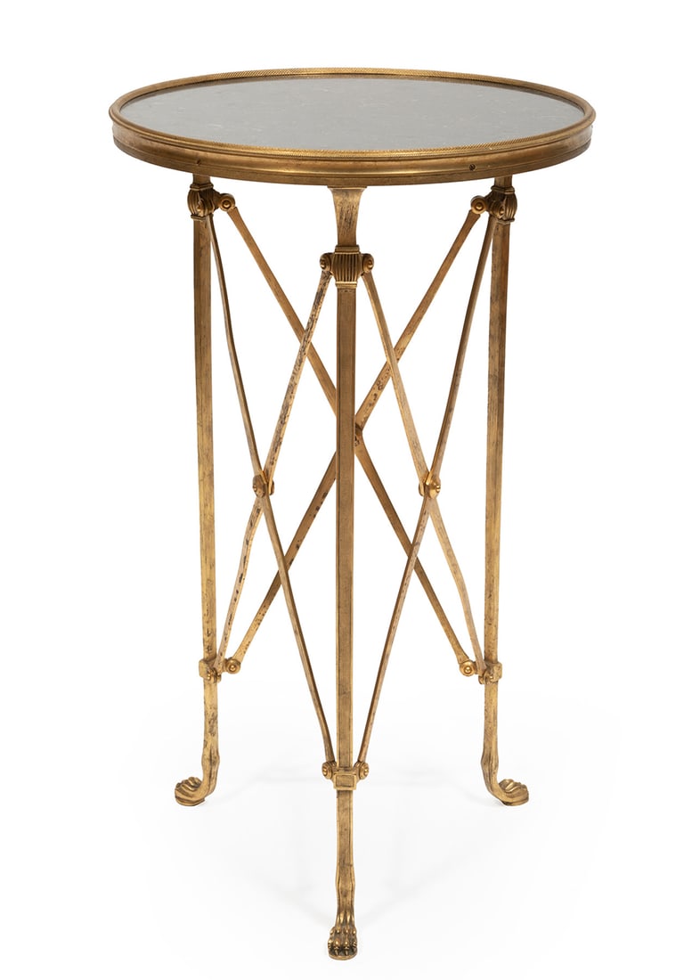 Neoclassical-Style Bronze Gueridon: Neoclassical-Style Bronze Gueridon, 20th c., molded marble top, tripod base, X-form stretchers, paw feet, h. 27 ½ in., dia. 16 in.