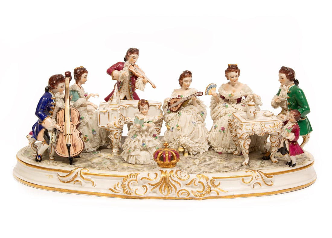 Volkstedt Porcelain Figural Group: Volkstedt Polychrome and Gilt Porcelain Figural Group, marked, modeled as a noble family with musicians, h. 8 1/2 in.
