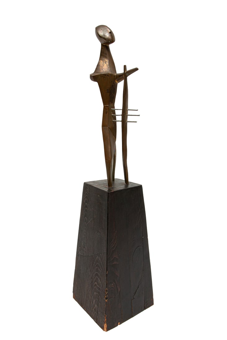 Askar Yessenbayev (Kazakh, b. 1959): Askar Yessenbayev (Kazakh, b. 1959), "Ancient Warrior", bronze, unsigned, h. 13 1/2 in., w. 2 1/4 in., d. 4 1/4 in., wood base, overall h. 25 1/2 in.