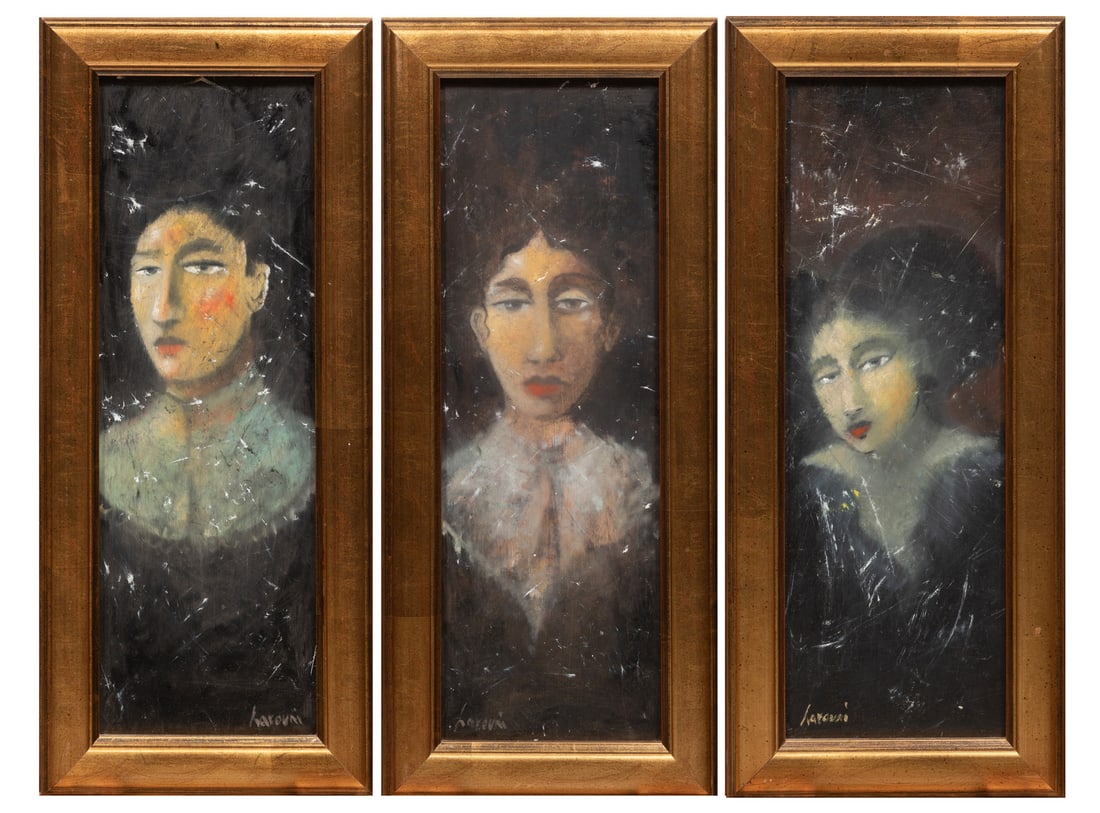 David Harouni (Iranian/Louisiana, b. 1962): David Harouni (Iranian/Louisiana, b. 1962), "Giselle", "Gustave" and "Corin", 3 oils on masonite, 2 signed lower left, one signed lower right, each titled on reverse of frame, each 20 in. x 7 in., fra