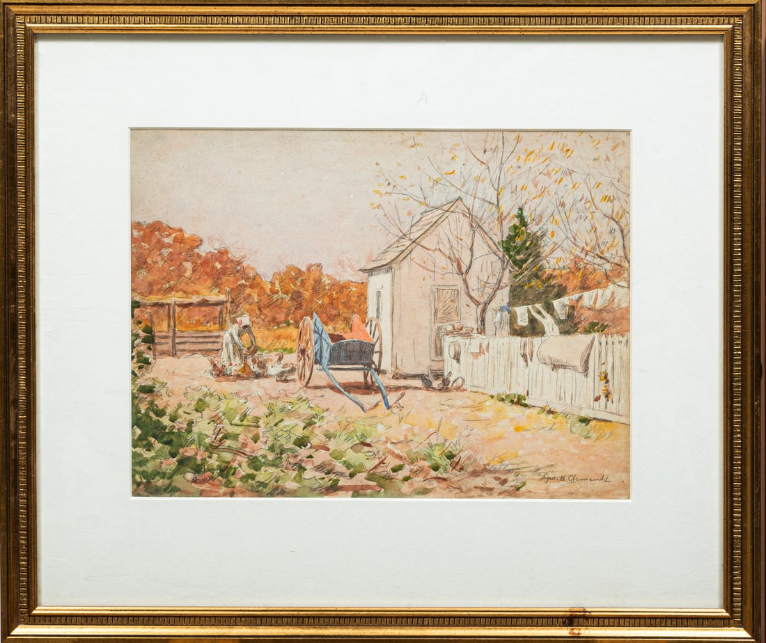 George Henry Clements (American/Louisiana): George Henry Clements (American/Louisiana, 1854-1935), "Farmyard", watercolor and graphite on paper laid on board, signed lower right, 11 1/2 in. x 15 1/4 in., framed, overall 19 in. x 22 3/8 in. x 7/
