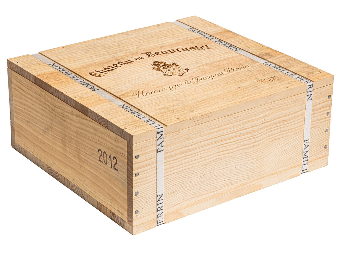 Château de Beaucastel Châteauneuf-du-Pape 2012: Château de Beaucastel Châteauneuf-du-Pape Hommage à Jacques Perrin 2012, original unopened banded wood case, 3 bottles, 750ml. Provenance: Stored in Martin's Wine Cellar long-term wine 
